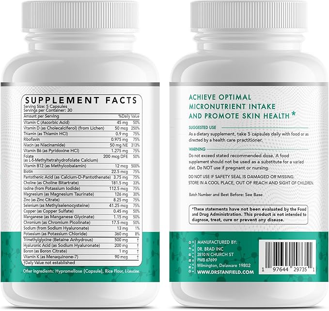 Daily Low Dose MultiVitamin & Mineral for Men & Women to Support Cognitive Performance & Memory + Hyaluronic Acid for Skin Health + TMG for Exercise (150 Count)