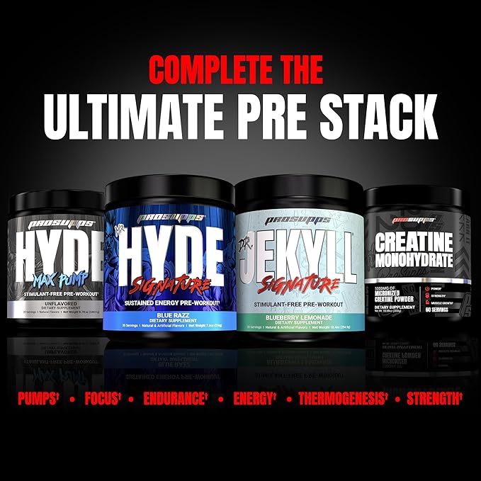 PROSUPPS Mr. Hyde Signature Pre Workout with Creatine, Beta Alanine, TeaCrine and Caffeine for Sustained Energy, Focus Pumps - Pre-Workout Energy Drink Men Women (Blue Razz, 30 Servings)