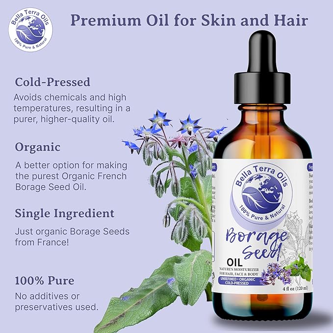 Bella Terra Oils - Organic Borage Seed Oil 2oz - Dive into a World of Omega-6 & Essential Minerals, Natural Nourishment for a Radiant Complexion