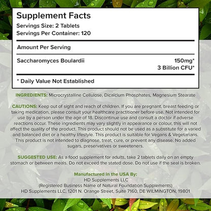 Saccharomyces Boulardii Probiotic Supplement 240 Tablets 3 Billion (240, Saccharomyces