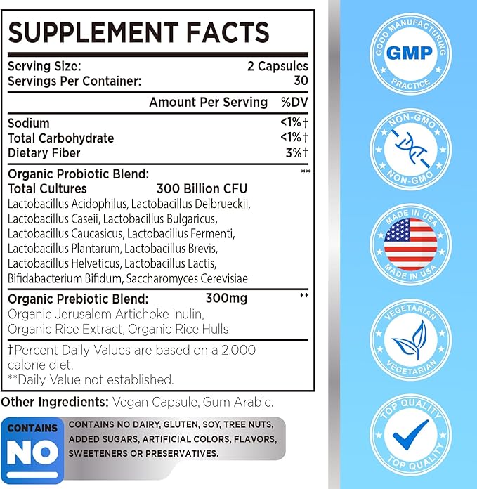 300 Billion CFU Probiotic, Probiotics 12 Probiotics 3 Prebiotics, 60 Counts