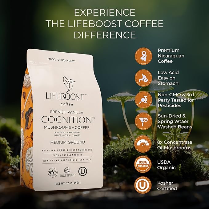 Lifeboost French Vanilla Cognition Mushroom Coffee - Lions Mane & Chaga Nootropic Coffee - Low Acid Medium Organic Coffee - Increase Energy, Boost Focus & Immune Support - 12 oz Bag - Ground