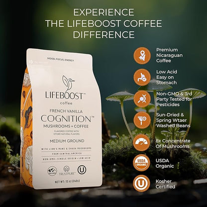 Lifeboost French Vanilla Cognition Mushroom Coffee - Lions Mane & Chaga Nootropic Coffee - Low Acid Medium Organic Coffee - Increase Energy, Boost Focus & Immune Support - 12 oz Bag - Ground