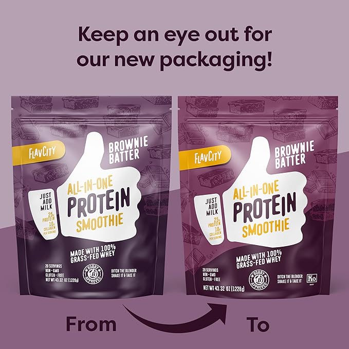 FlavCity All-in-One Protein Powder Smoothie, Brownie Batter - 100% Grass-Fed Whey Protein Powder with 25g Protein & 10g Collagen - Gluten-Free Pre Workout & Post Workout Drink - 20 Servings