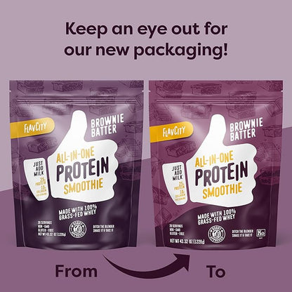 FlavCity All-in-One Protein Powder Smoothie, Brownie Batter - 100% Grass-Fed Whey Protein Powder with 25g Protein & 10g Collagen - Gluten-Free Pre Workout & Post Workout Drink - 20 Servings