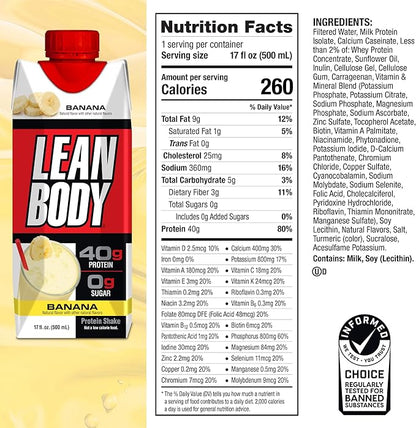 Lean Body Ready-to-Drink Banana Protein Shake, 40g Protein, 0 Sugar, 22 Vitamins 17 Ounce 12) LABRADA