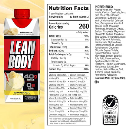 Lean Body Ready-to-Drink Banana Protein Shake, 40g Protein, 0 Sugar, 22 Vitamins 17 Ounce 12) LABRADA