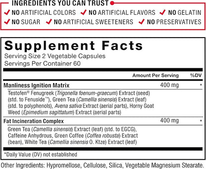 Force Factor Test X180 Ignite Total Testosterone Booster for Men with Fenugreek Seed and Green Tea Extract to Build Lean Muscle, Boost Energy, and Improve Performance, 120 Count