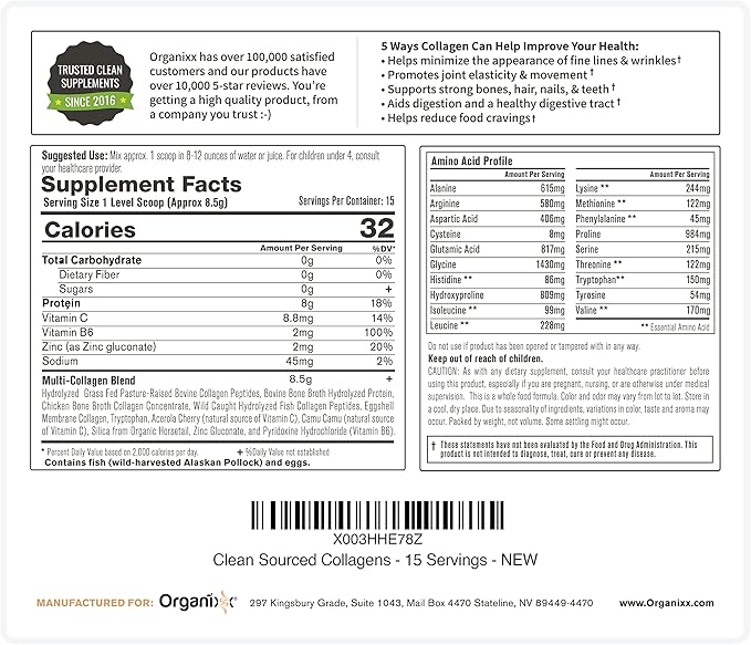 Organixx Clean Sourced Collagen Powder, Hydrolyzed (15 Servings)