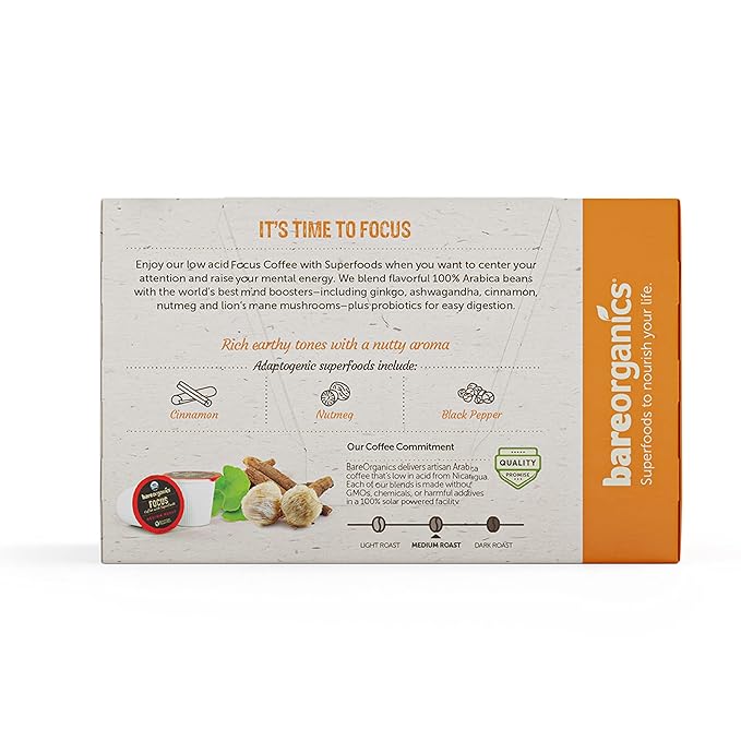 BareOrganics 13180 Focus Coffee with Superfoods, Organic Probiotic Coffee, 10 Single Serve Cups