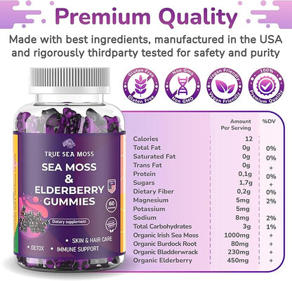 Natural Sea Moss Gummies with Elderberry for Adults & Kids, Contains Irish Sea Moss, Elderberry Extract, Burdock Root, Bladderwrack, 60 pcs Gel Gummies for Immune Support, Energy, Pack of 2
