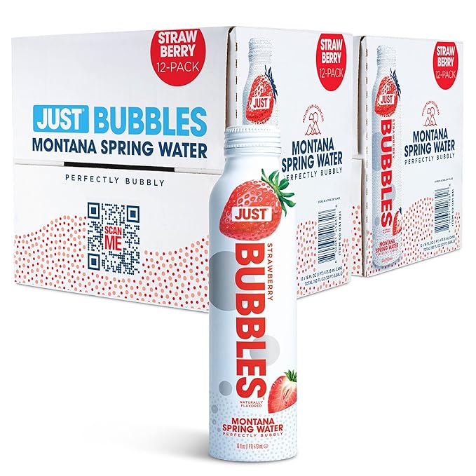 JUST Bubbles Strawberry- Pure Premium Sparkling Spring Water in a Fully Recyclable Reusable Eco-Friendly Bottle - 100% Mountain-Sourced Carbonated Water with Naturally Occurring Minerals, 16 Fl Oz