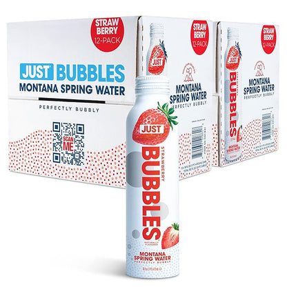 JUST Bubbles Strawberry- Pure Premium Sparkling Spring Water in a Fully Recyclable Reusable Eco-Friendly Bottle - 100% Mountain-Sourced Carbonated Water with Naturally Occurring Minerals, 16 Fl Oz