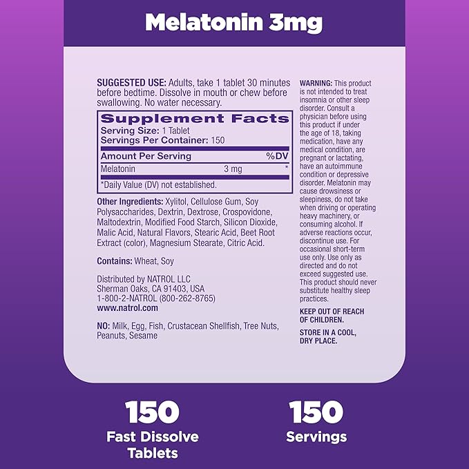Natrol Melatonin 3mg, Strawberry-Flavored Dietary Supplement 150 Fast-Dissolve 150 Day