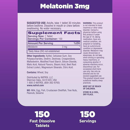 Natrol Melatonin 3mg, Strawberry-Flavored Dietary Supplement 150 Fast-Dissolve 150 Day