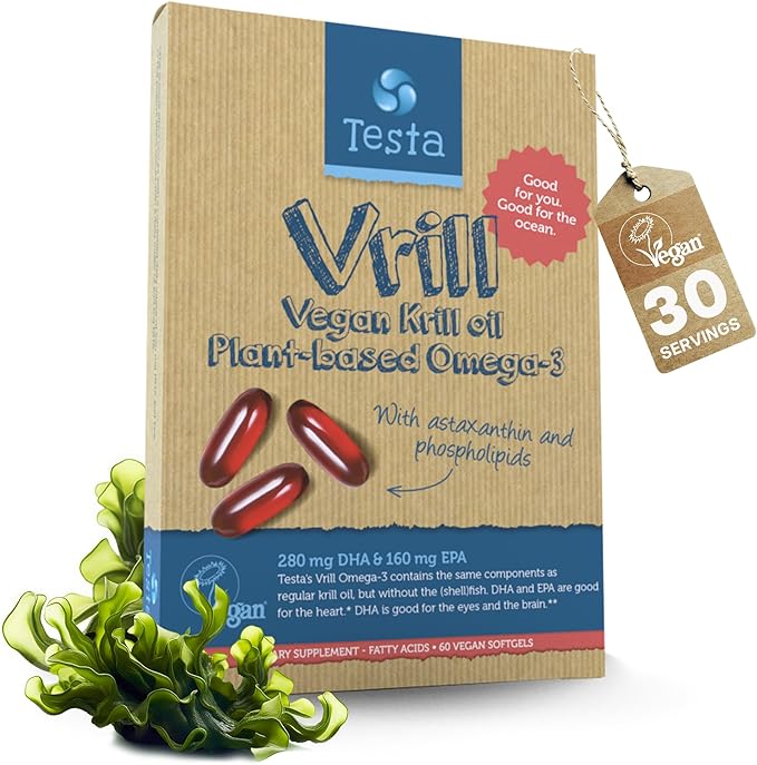 Testa Omega 3 Vegan Krill Supplement-1000mg 2 Times Omega-3, DHA, 60 Softgels