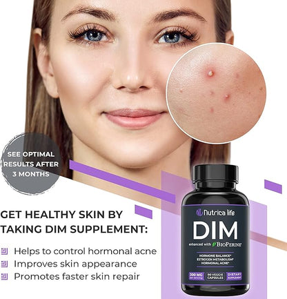 DIM Supplement 300mg - Diindolylmethane with Broccoli & BioPerine - Hormone Balance Support for Women & Men, Estrogen Metabolism, Menopause Relief & Hormonal Acne Control - 90 Vegan Caps