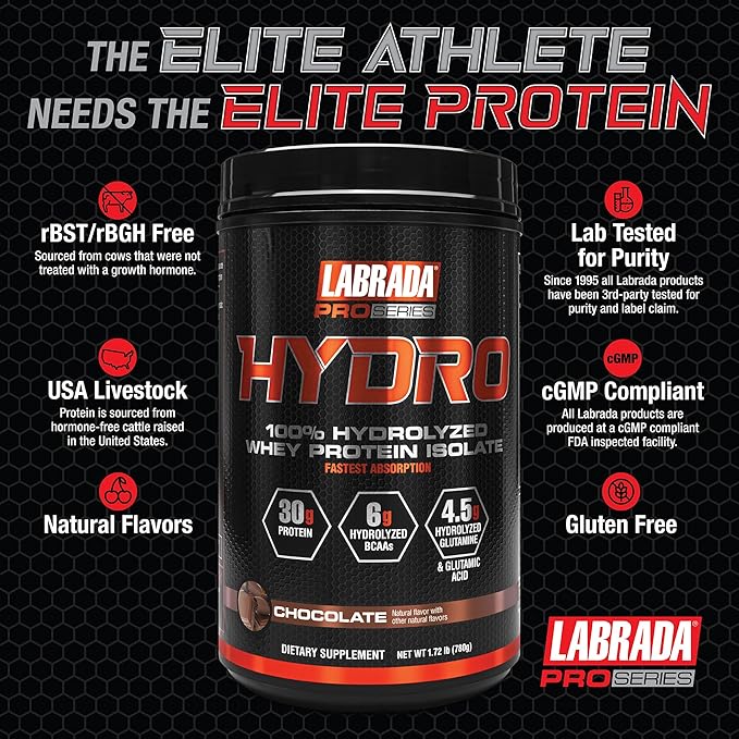 Labrada HYDRO 100% Pure Hydrolyzed Whey 6g BCAA’s, 4.5g Glutamine, 20 Servings(Chocolate)