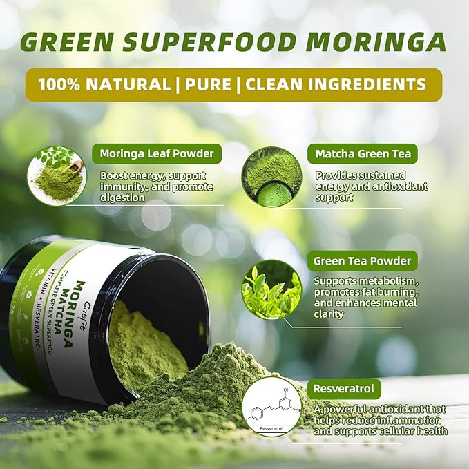 Moringa Powder – Superfood Blend with Matcha, Green Tea & Resveratrol – Moringa Supplement for Energy, Antioxidant & Immune Support – Vegan, Gluten Free, Easy-to-Mix Drink (8oz)