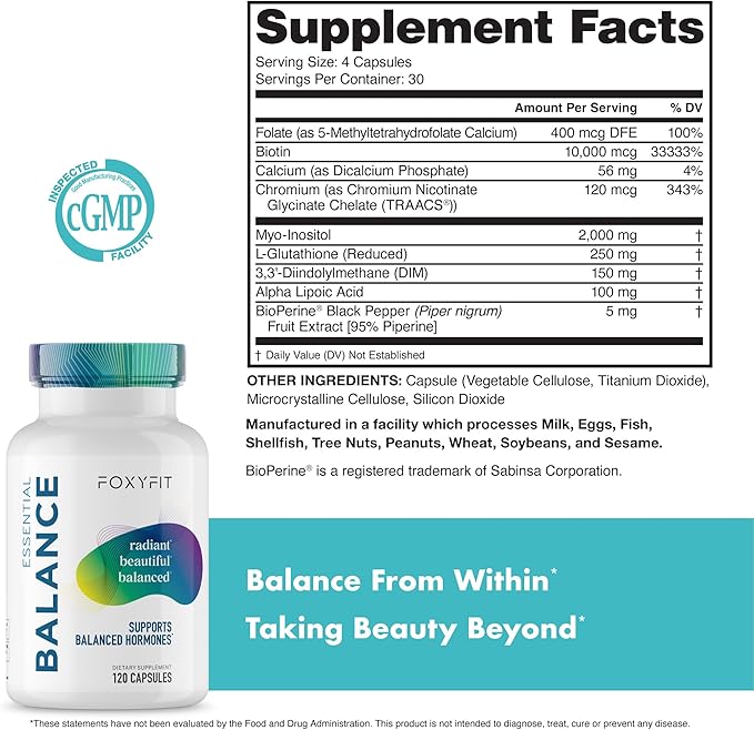 Essential Balance Hormonal Support and Vitamin Supplement for Women by Foxy Fit – Antioxidant, Healthy Skin & Hair for Daily Use* (30 Servings)
