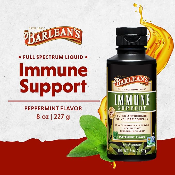 Barlean's Peppermint Olive Leaf Complex Liquid Immune Support Supplement with 95mg Oleuropein Antioxidants, 8 Ounce