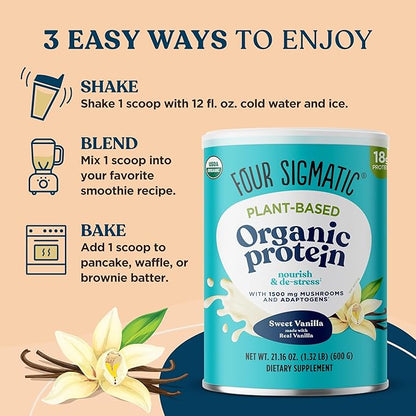 Four Sigmatic Organic Vegan Protein Powder | 18g Plant-Based Protein per Serving | Gluten Free, Dairy Free, Soy Free, Non-GMO with No Filler Ingredients | 21.16oz, 15 Servings | Sweet Vanilla