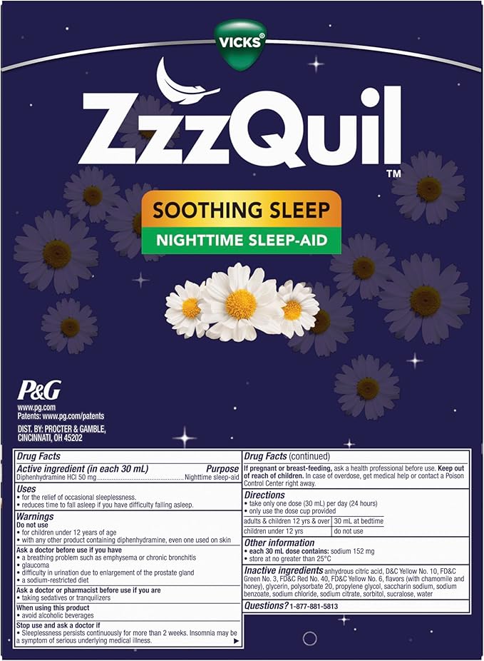 ZzzQuil, Nighttime Sleep Aid Liquid, Soothing 50mg Diphenhydramine No.1 Sleep 24 FL