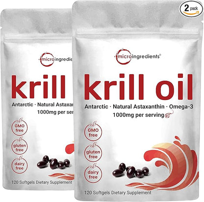 2 Pack Antarctic Krill Oil Supplement, 1000mg Per 120 Soft-Gels Omega-3s, EPA,