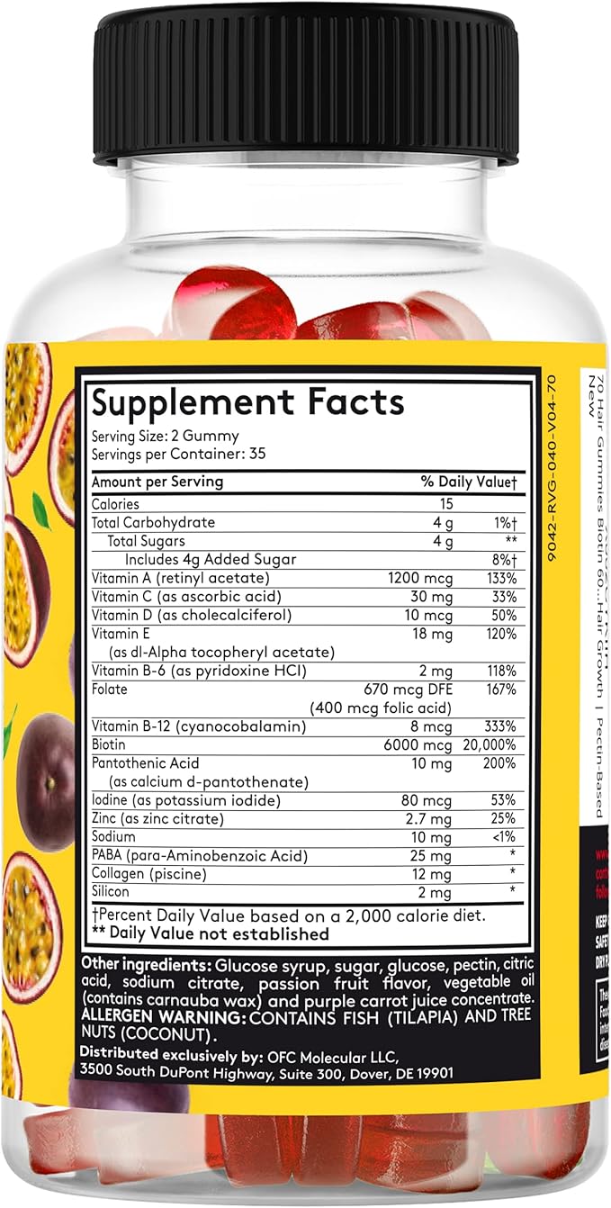 70 Hair Gummies Biotin 6000mcg Collagen 400mcg Vitamin