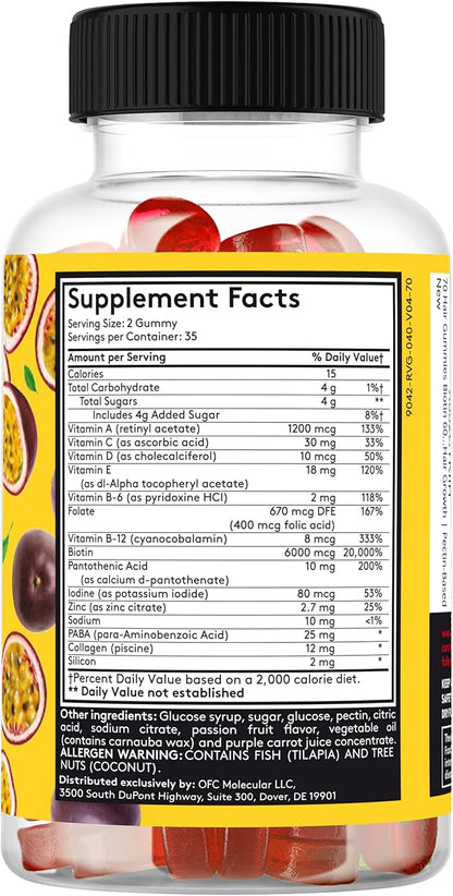 70 Hair Gummies Biotin 6000mcg Collagen 400mcg Vitamin
