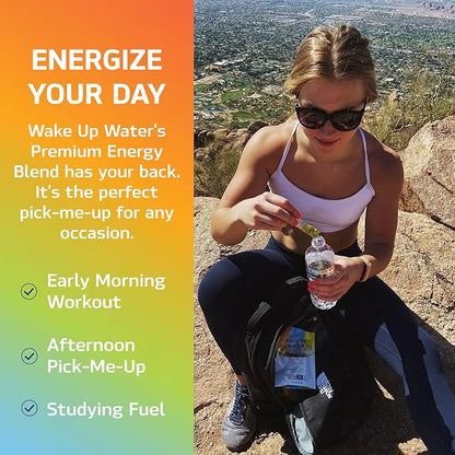Wake Up Water - Energy + Hydration Sugar Free 15 Packet, Variety Pack - Energy Drink Powder, Electrolytes Powder Drink, Natural Caffeine Mix Packet, B Vitamins, 5 Calories, Gluten Free - .10 oz (2.9g)