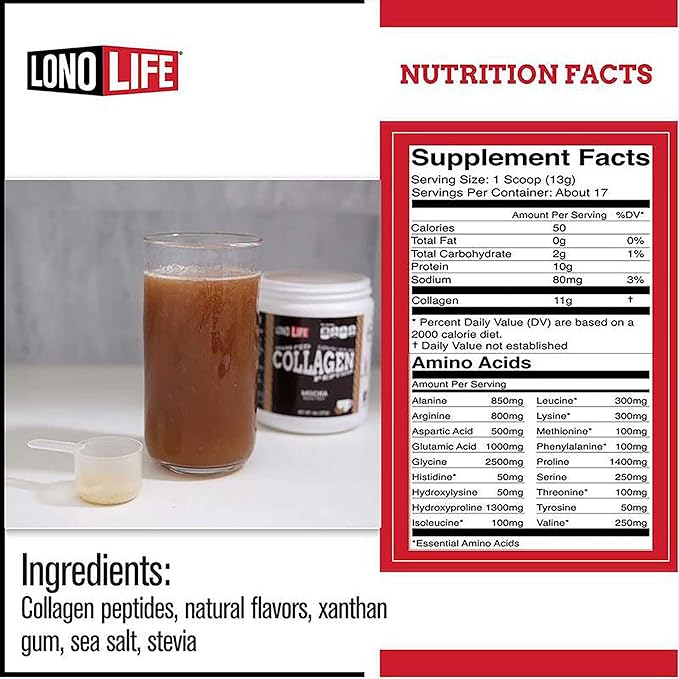 LonoLife - Mocha Collagen Peptides 10g Protein, 8-Ounce Bulk