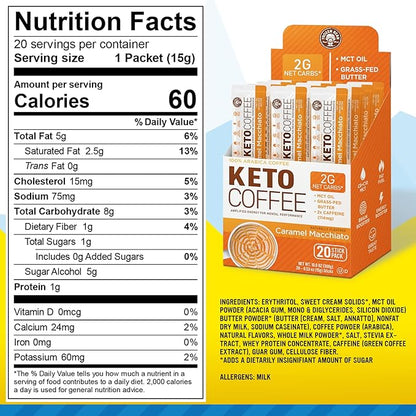 The Frozen Bean - Caramel Macchiato Keto Instant Coffee Mix with Low Sugar, MCT Oils, Improves Focus and Energy, and Increase Metabolism - 20 Single Serve Sticks