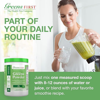 Greens First Original Greens Powder - 49 Superfoods - Organic Fruits & Veggies - Prebiotics, Probiotics & Digestive Enzymes - Antioxidant Smoothie - Dairy Free, Vegan & Non-GMO (Mint, 60 Servings)