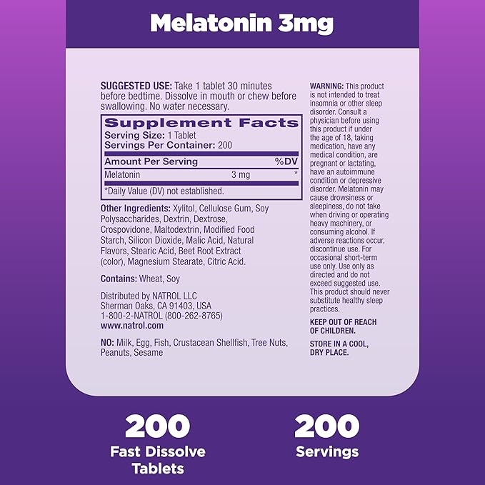 Natrol Melatonin 3mg, Strawberry-Flavored Dietary Supplement 200 Fast-Dissolve 200 Day