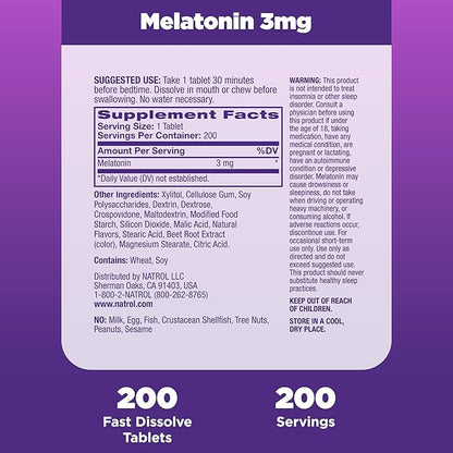 Natrol Melatonin 3mg, Strawberry-Flavored Dietary Supplement 200 Fast-Dissolve 200 Day