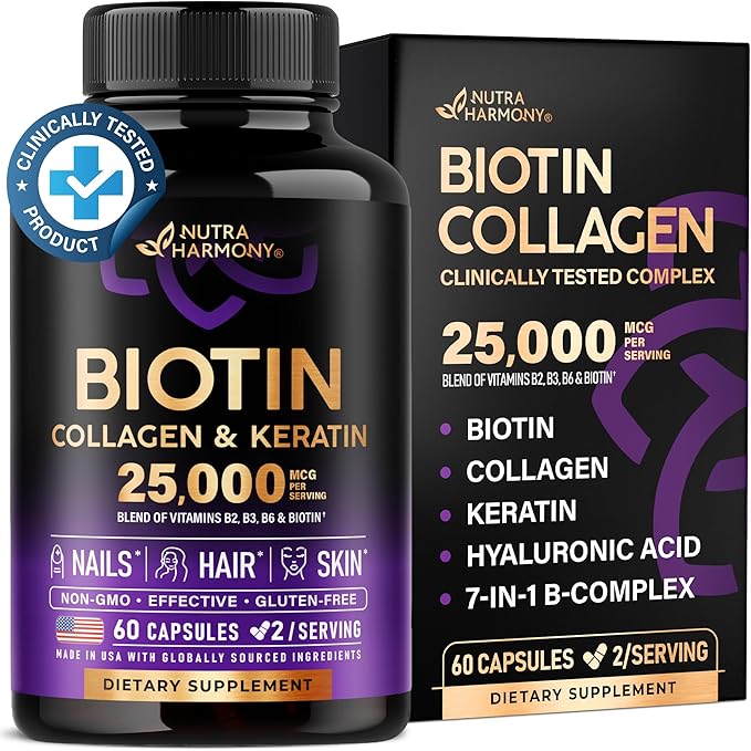 Biotin | Collagen | Keratin - 25000 mcg B2 | B3 | B6 | B7 - 60 Capsules