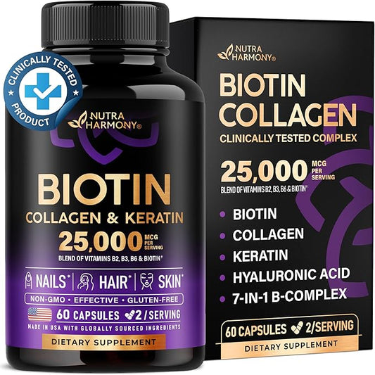 Biotin | Collagen | Keratin - 25000 mcg B2 | B3 | B6 | B7 - 60 Capsules