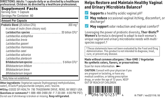 Klaire Labs Ther-Biotic Women's Probiotic Supplement 25b CFU (60 Capsules)