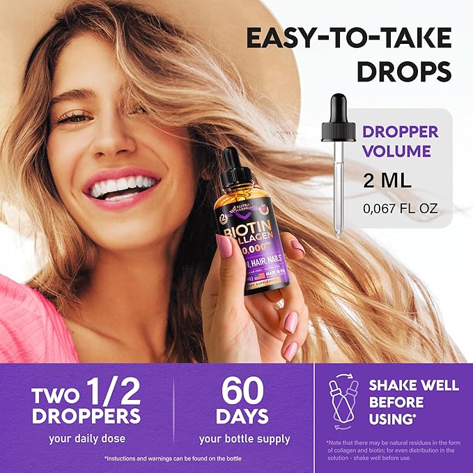 Liquid Biotin & Collagen - Vitamins for Hair Growth Support for Women & Men - Extra Strength 60000 mcg Drops - B7 Supplement - Strong Nails & Healthy Skin - 98% Faster Absorption Than Pills