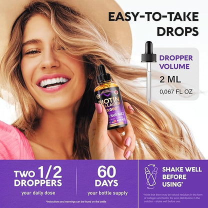Liquid Biotin & Collagen - Vitamins for Hair Growth Support for Women & Men - Extra Strength 60000 mcg Drops - B7 Supplement - Strong Nails & Healthy Skin - 98% Faster Absorption Than Pills
