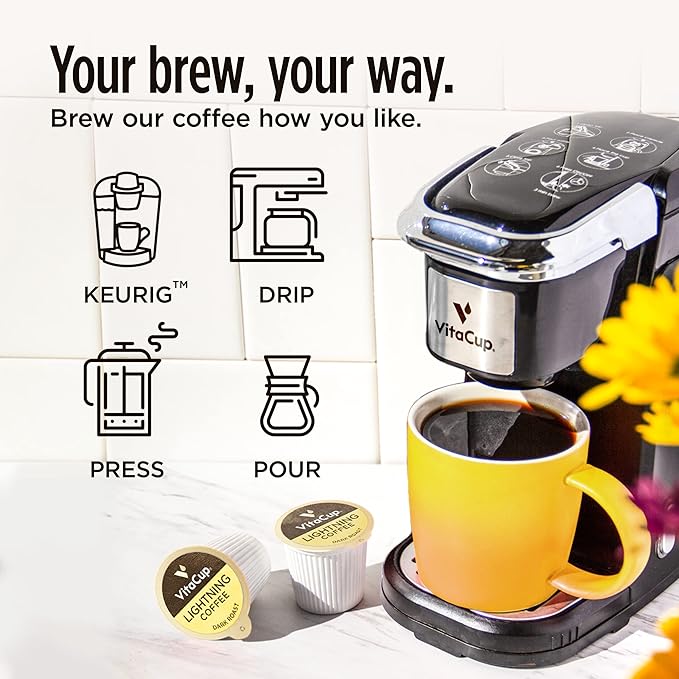 VitaCup Lightning Coffee Pods, for Memory & Focus w/ 2X Caffeine, Green Coffee Bean, B Vitamins, D3, Strong Dark Roast Coffee, Recyclable Single Serve Pod Compatible with Keurig K-Cup Brewers,32 Ct