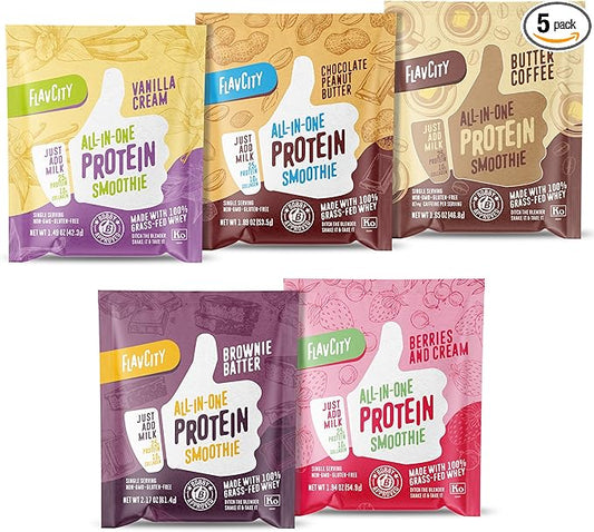 FlavCity All-in-One Protein Smoothie Powder, Variety Pack (5 Single Serve Packets) - 100% Grass-Fed Whey Protein Powder with 25g Protein & 10g Collagen - Gluten-Free Pre Workout & Post Workout Drink