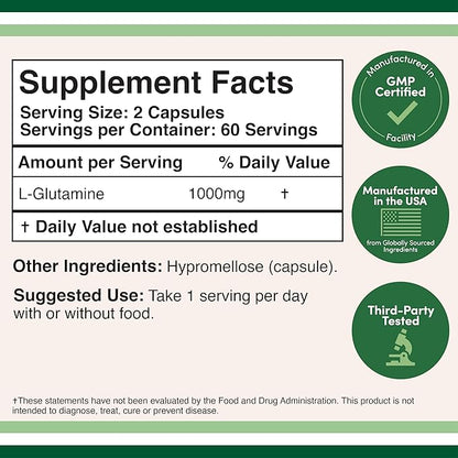 L Glutamine Capsules (1000mg Servings, 120 Capsules)