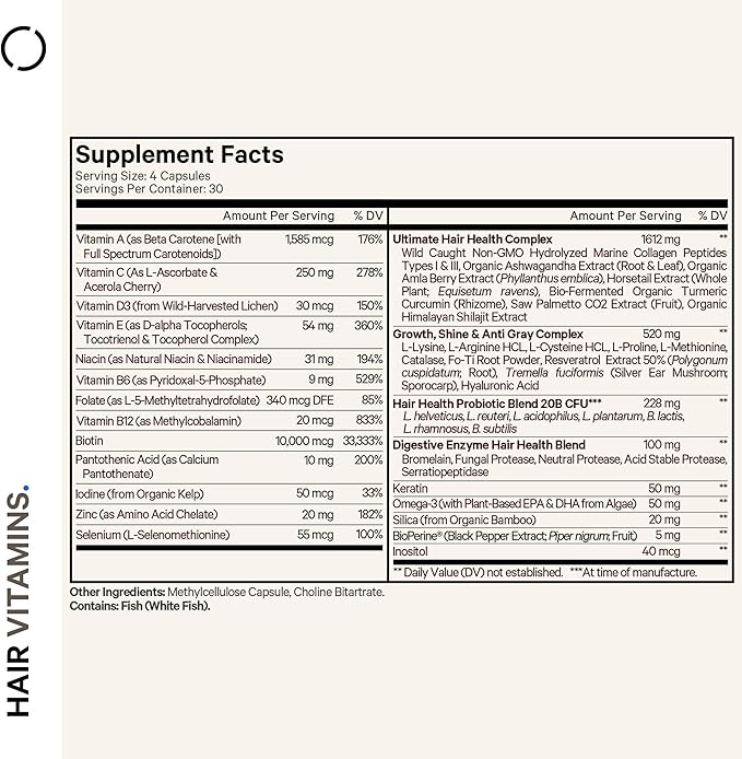 Codeage Hair Vitamins 10000 mcg Biotin, B12, C, D3, E, 120 Capsules