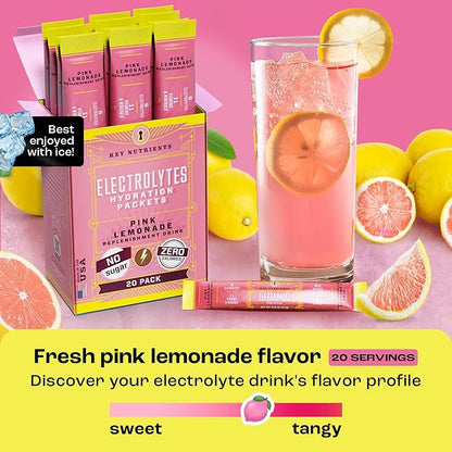 KEY NUTRIENTS Electrolytes Powder Packets - Fresh Pink Lemonade 20 Pack Hydration Packets - Travel Hydration Powder - No Sugar, No Calories, Gluten Free - Made in USA