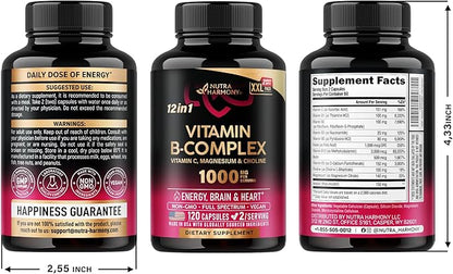 Vitamin B Complex for Men & Women - Made in USA - B-Complex: B1, B2, B3, B5, B6, B7, B8, B9, B12 with Vitamin C, Choline, Inositol - Energy, Brain & Heart Support Supplement, 120 Vegan Capsules