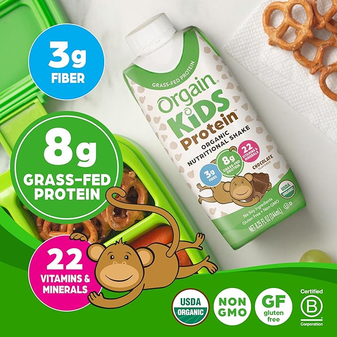 Orgain Organic Kids Nutritional Protein Shake, 8g Dairy 3g Fiber, 22 Vitamins 8.25 Fl (4 Pack)