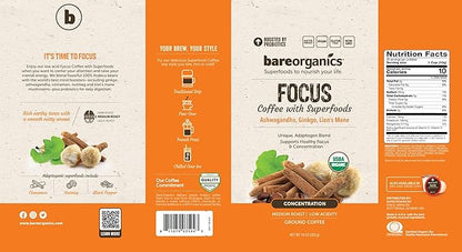 BareOrganics Artisan Ground FOCUS Bagged Coffee with Superfoods, Medium Roast, Non-GMO & Gluten-free, Ginkgo, Ashwagandha & Lion’s Mane Mushrooms, 10 oz