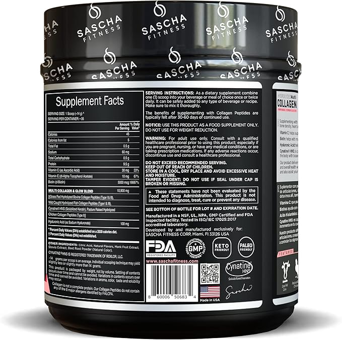 SASCHA FITNESS Hydrolyzed Multi Collagen Peptides 1,2 & 3 |Hyaluronic